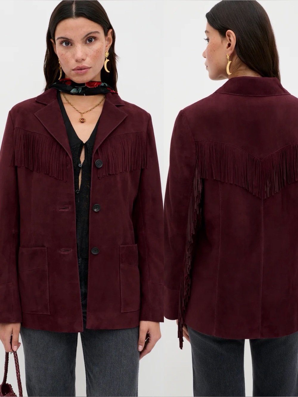 Brand New- RIXO Teagan Fringed Suede Jacket
in Maroon